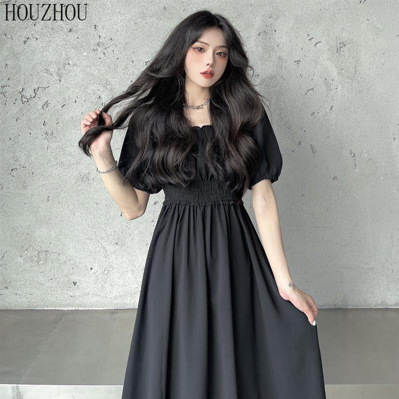 HOUZHOU Schwarz Kurzarm Kleid Frauen Süße Kawaii Sommer Hohe Taille Koreanische Elegante Quadratische Kragen Midi Kleid L schwarz