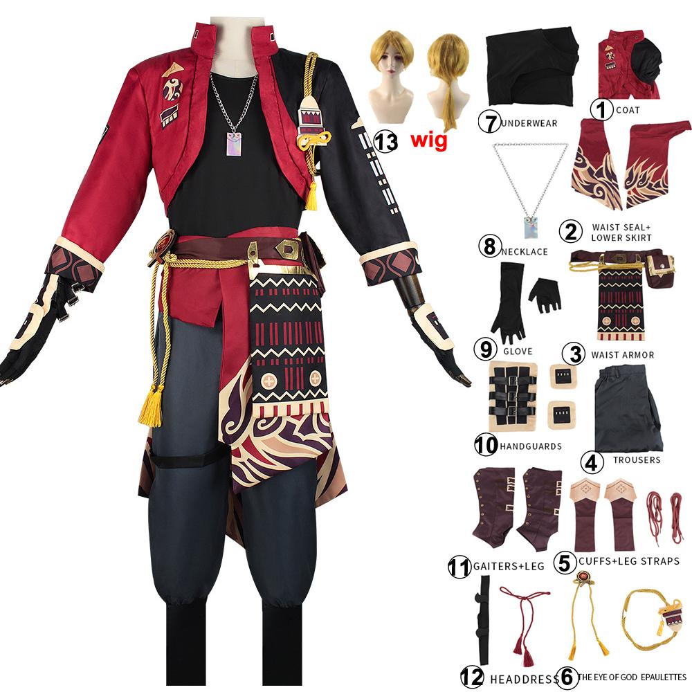 Anime Spiel Genshin Impact Thoma Cosplay Kostüme Outfits Rot Schwarz Spiel Rollenspiel Kostüm Perücke Halloween Party Uniform Kleidung M