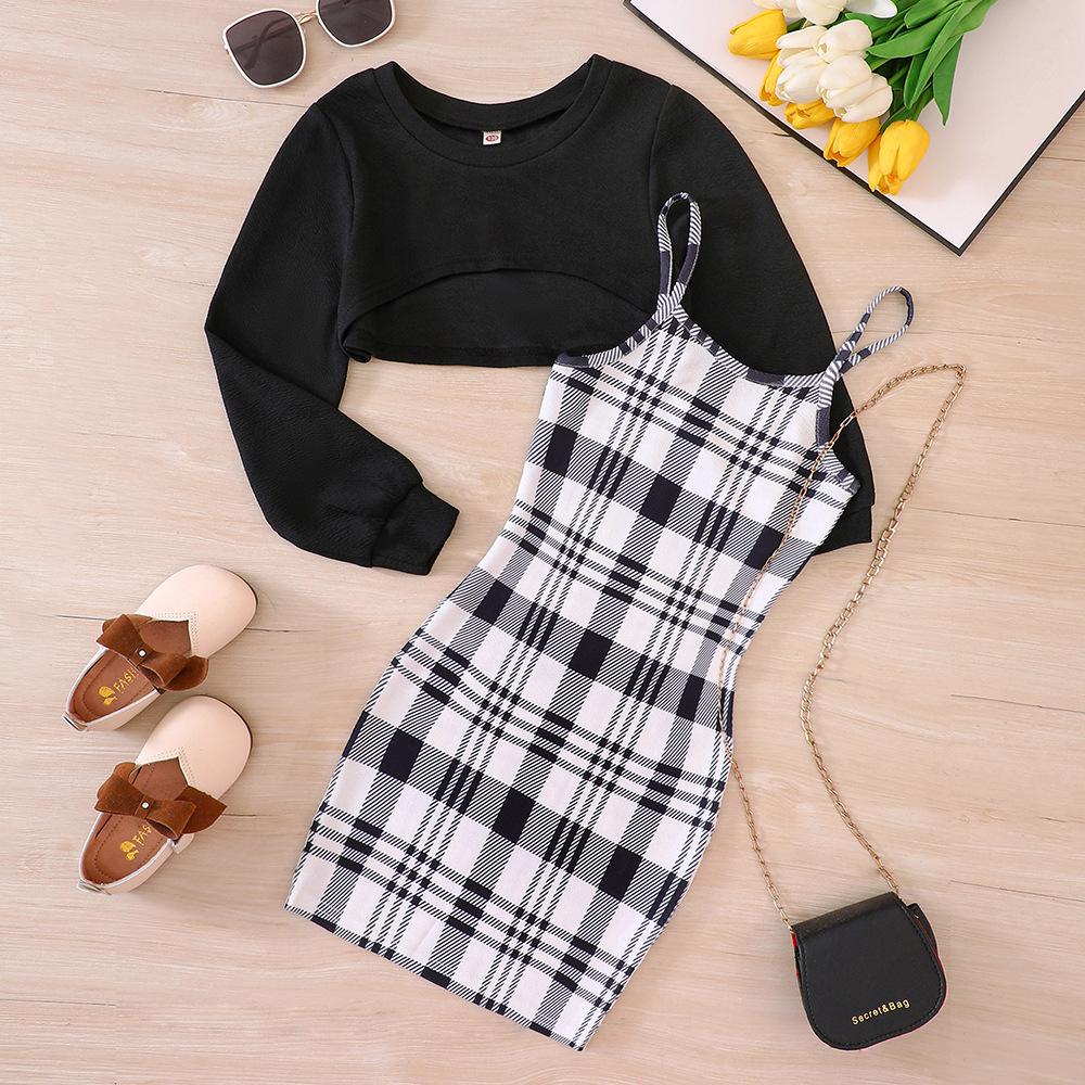 7-12 Jahre Teenager-Kleidung Mädchen Kleid Sets Kurzer Top Mantel und karierte Hüfte Kinder Kleider für Teenager Mädchen Teenager Kleid 11-12Y