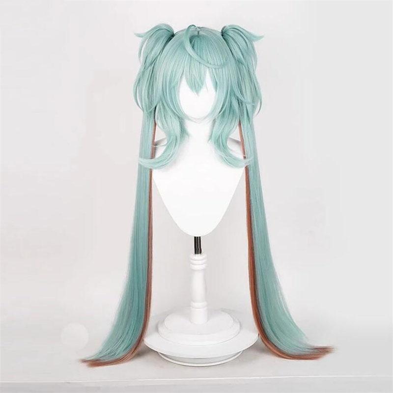 Miku Rascal Cosplay-Perücke, kleiner Teufel, lang, cyanfarben, mit Pferdeschwanz, hitzebeständiges Kunsthaar, Halloween-Anime-Perücken + Perückenkappe One Size