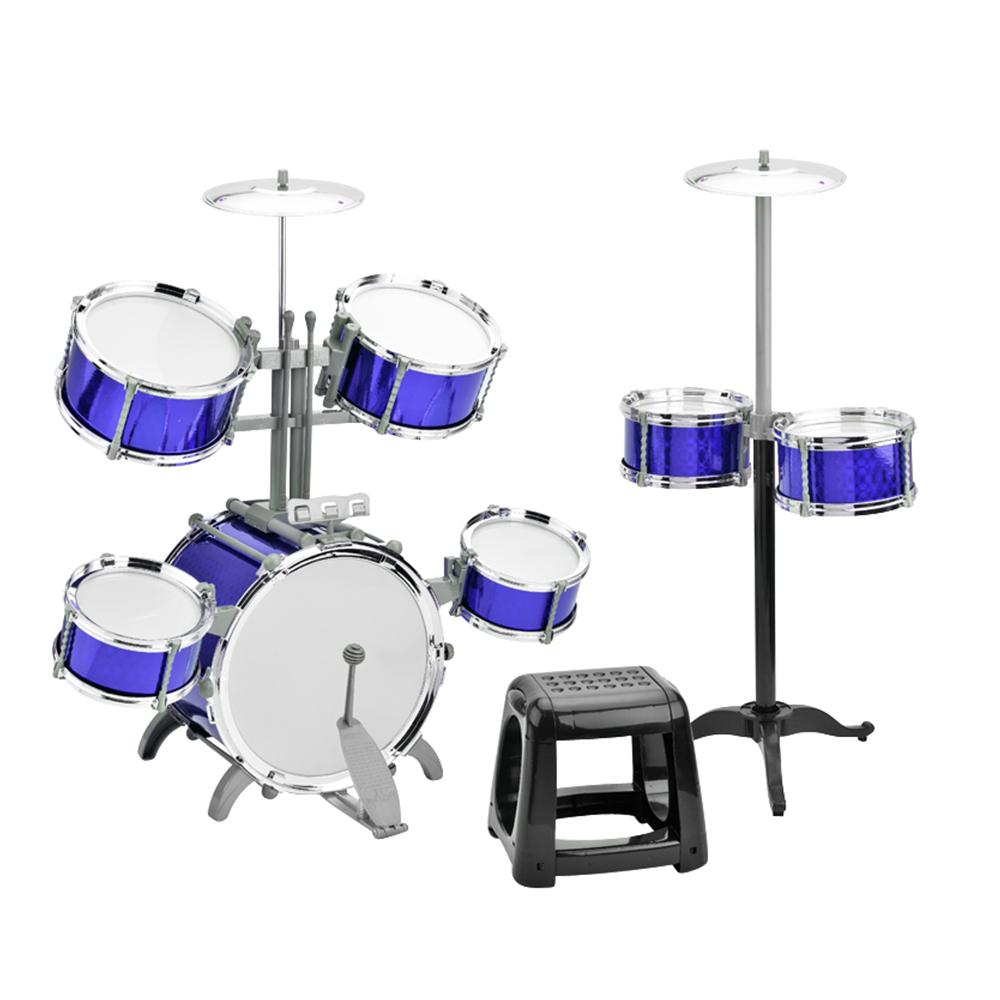 Schlagzeug-Set, Jazz-Schlagzeug mit Hocker, 7 Trommeln, Musikalische Schlaginstrumente für Anfänger, Weihnachtsgeschenke blau