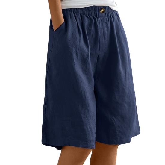 Bermuda-Shorts für Damen Knielang High Waist Baggy Shorts mit Taschen Elastischer Bund Sommer Baumwolle Leinen Strandurlaub Shorts XL navy blau