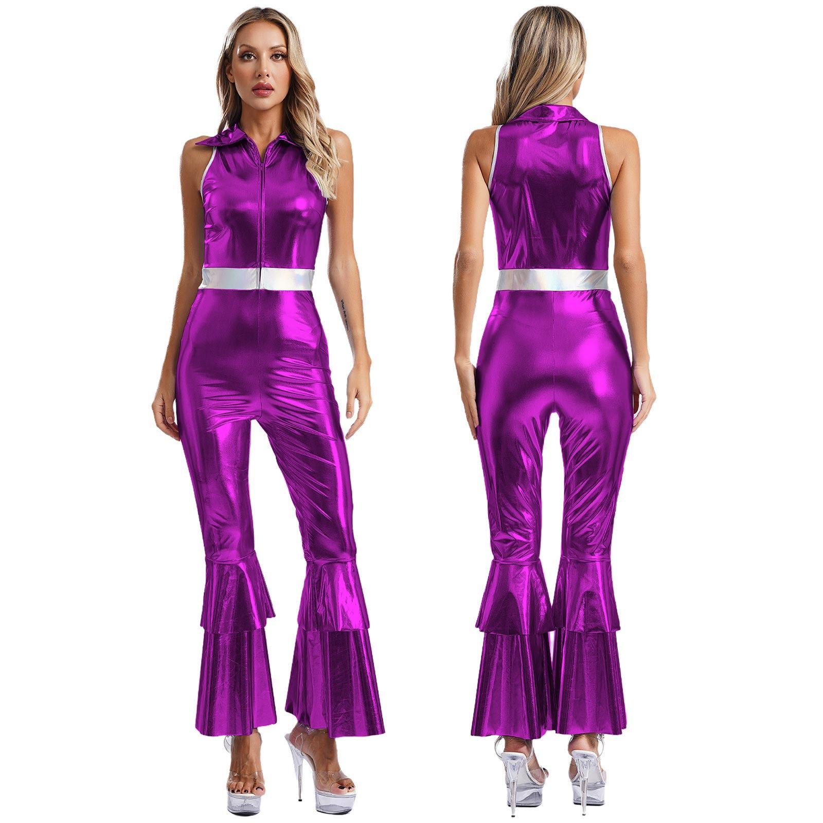 Damen Metallic-Jazz-Modern-Dance-Overall, 70er-Jahre-Disko-Mottoparty, Sängerin, Tänzerin, Cosplay-Kostüm für Halloween, Karneval, Rave S violett