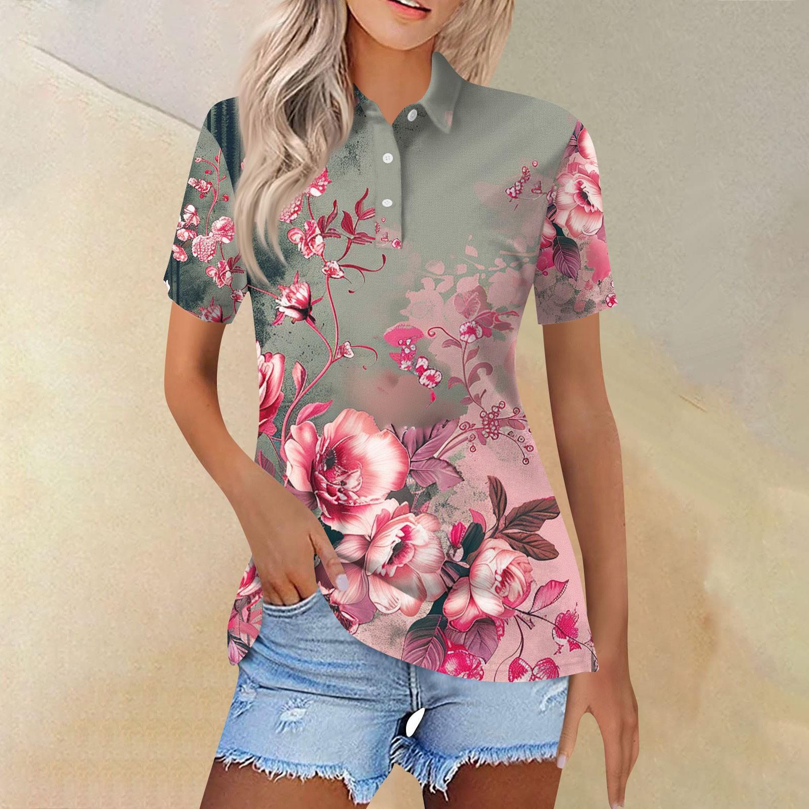 Damenmode Lässiges Revers Kurzarm-Print-Shirt Damen-Tops mit Knopfleiste L rosa