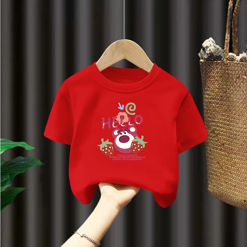 Kinder Neuer Stil Kinderbekleidung Reine Baumwolle Erdbeerbär Unterhemd Halbarm Baby Oberteil 150cm