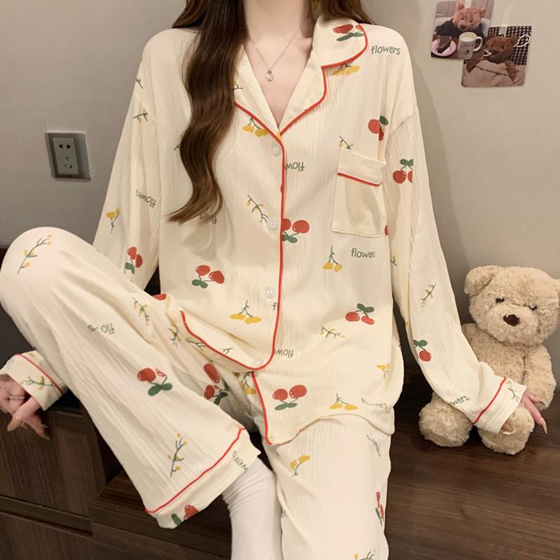 2025 Frühling Herbst Damen Pyjama Set Blumendruck Pyjama für Frauen Langarm Nachtwäsche Freizeit Nachtwäsche Homewear M elfenbein