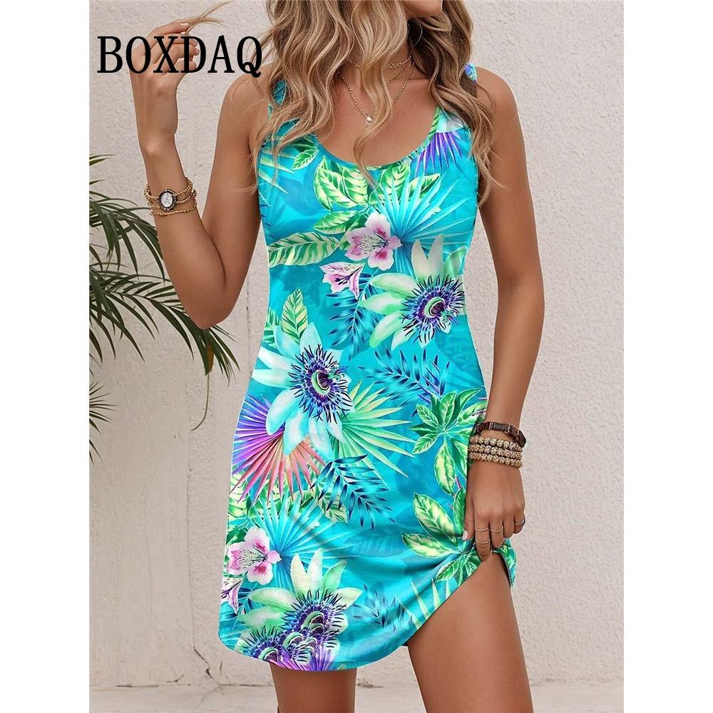 Kleider Für Damen 2026 Damen Urlaub Strand Sommer Weste Schmetterlingsblumen Lockeres Kleid Sommerkleid Freizeit 3D-Druck Ärmelloses Kleid XL