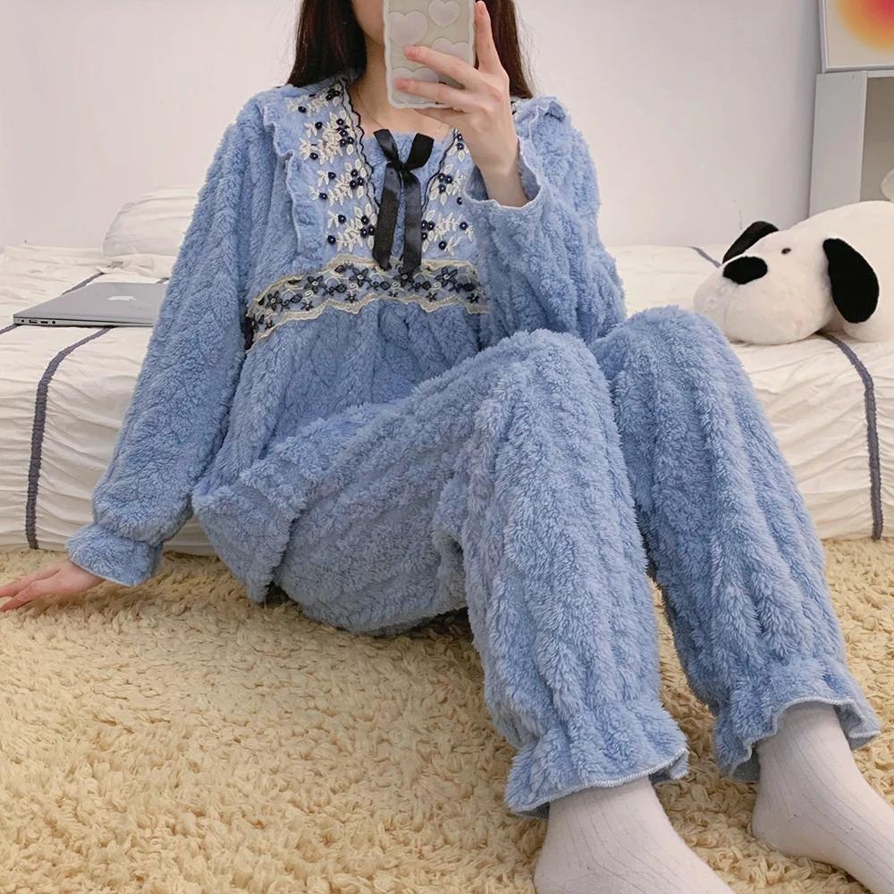 Damen Winter Flanell Pyjama Set Verdickter warmer Pyjama Set Extra große Größe Korallen Samt Home Wear Pyjama Pyjama 5XL