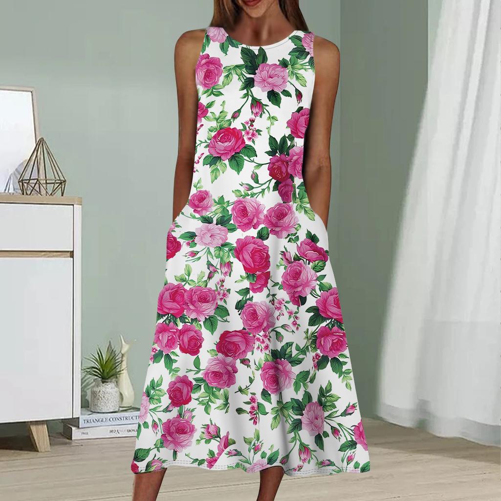 Sommermode Sexy Ärmelloses Kleid Weiches Lässiges Kleid mit 3D-Rosengarten-Print Ärmelloses Sling-Kleid L rosa