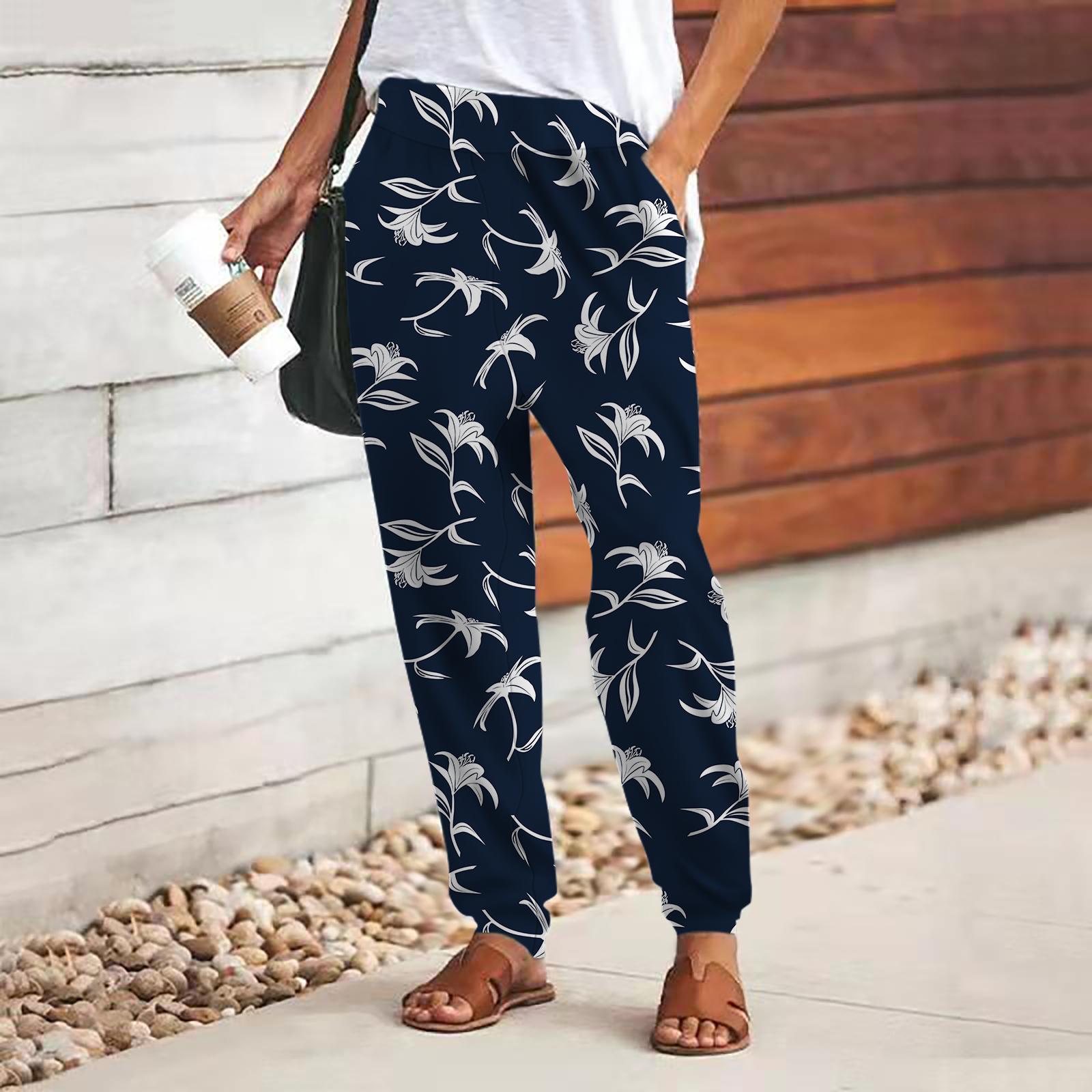 Damenhose mit 3D-Rosen-Print, Schnürung, elastischer Bund, lockere Hose, lässige lange Hose, Hose mit Taschen M navy blau