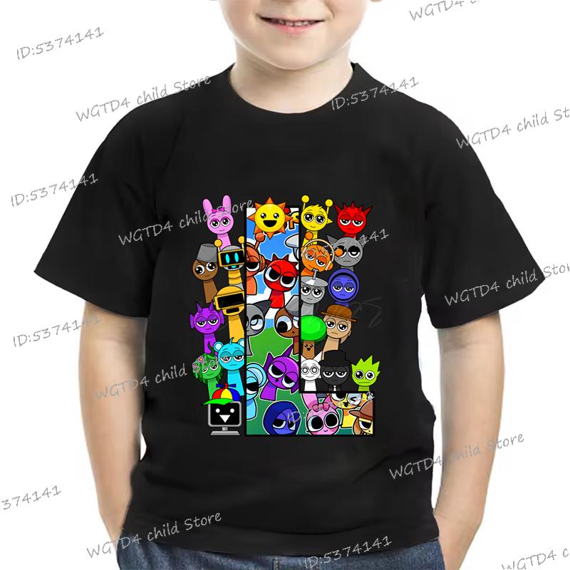 Sprunki Kinderkleidung Buchstabe AZ Cartoon Sprunki Mode T-Shirt Lustiges Kurzarm Y2K Tops Horror Game Jungen Mädchen T-Shirt 110 cm