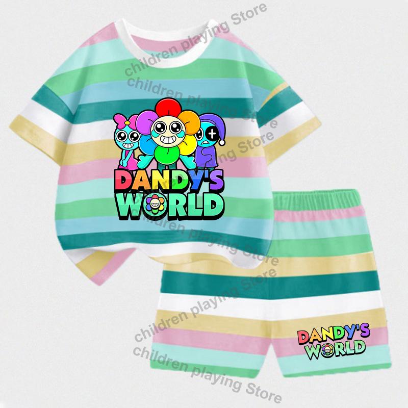 Dandys World Kinder Streifen Sets Sommer Mädchen Jungen T-Shirt Shorts Anzüge Kawaii Druck Lässige Sportkleidung Kinder Nachtwäsche Geschenke 130