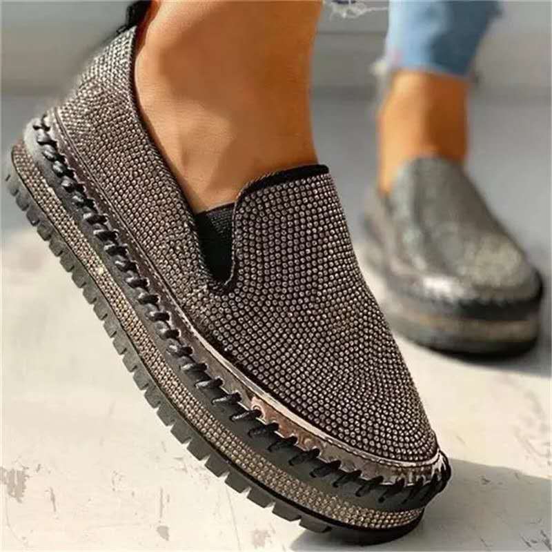Damen Mode Schuhe 2026 Frühling Flache Schuhe Strass Bling Nähen Plateau Loafer Luxus Schuhe Freizeit Bequem Damen Schuhe 35 schwarz