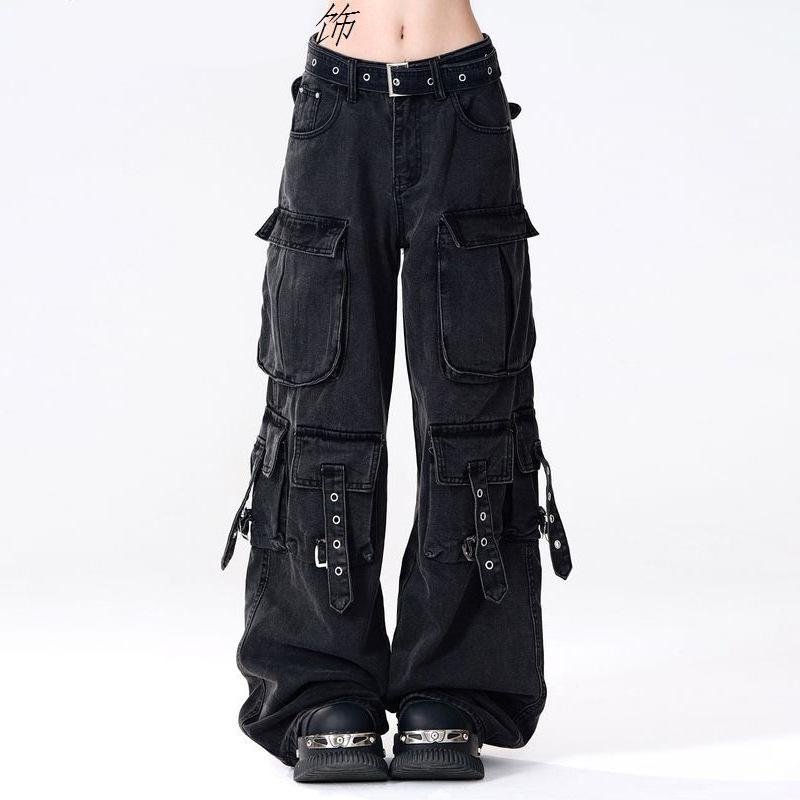 Damen Y2k Retro Mutil Taschen Cargo Jeans Vintage Gyaru Damen Denim Hose Hose Pantalones XL schwarz