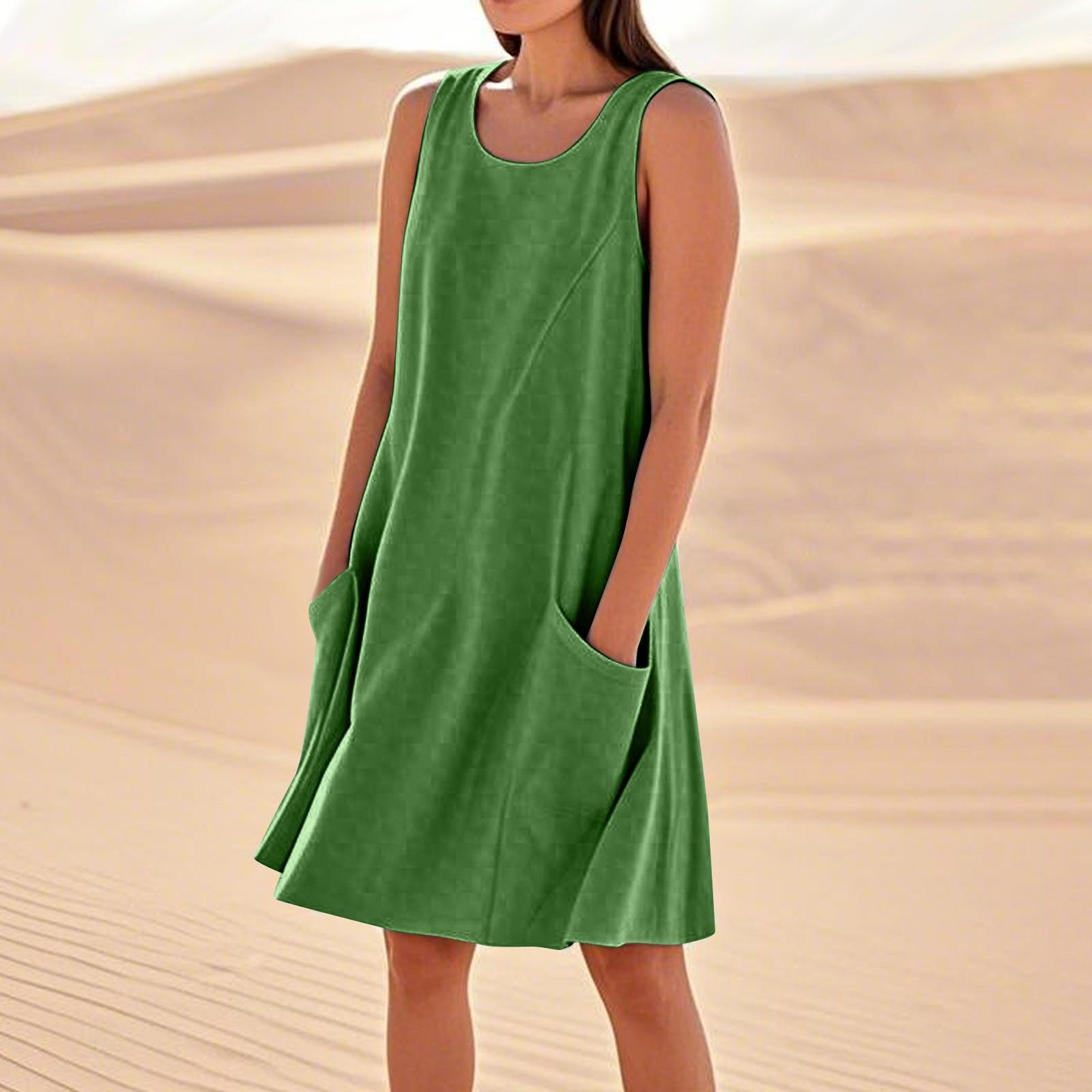 Sommerkleider für Damen, lockerer Strandurlaub, lässig, ärmellos, Sommerkleider mit Taschen, Tankkleid XXXL grün
