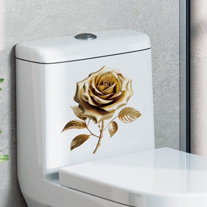 Goldene Rose Wandaufkleber für Badezimmer Toilette Wassertank Toilette Dekoration Aufkleber Blume Wandtattoos 30x30cm gold