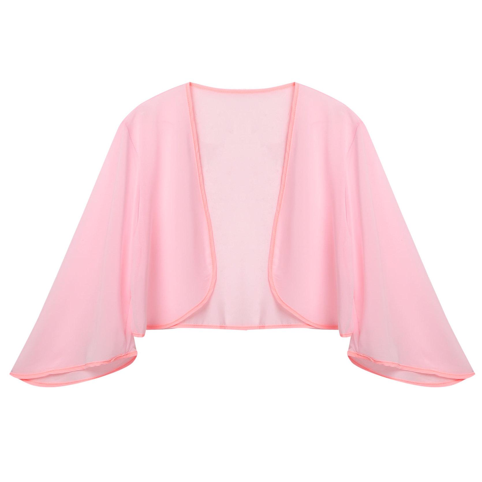 Damen-Chiffon-Bolero-Achselzuckenjacke, vorne offen, 3/4-Ärmel, kurze Strickjacke, Hochzeit, Party, Freizeitkleidung rosa