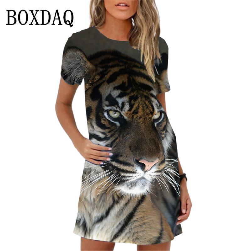Frühlings Damenkleider Mode Tiger Muster Druck Kurzarmkleid Sommer Lässig Oversized A-Linie Minikleid Damen 2XL