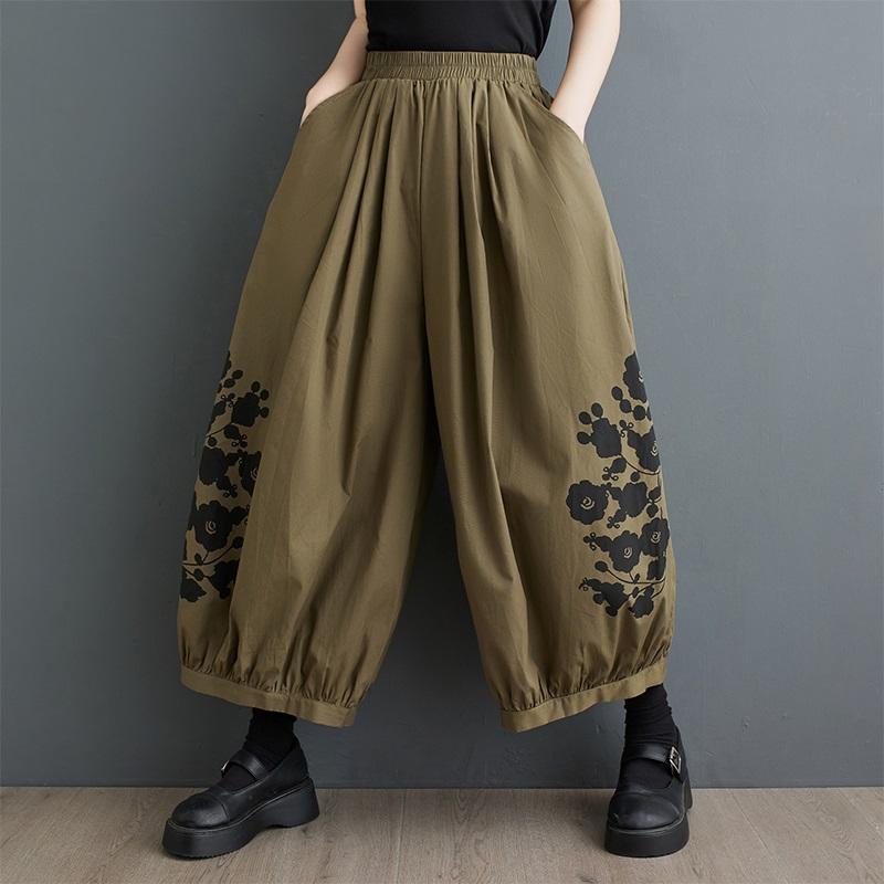 Baumwolle Plus Größe Vintage Blumenmuster hohe Taille Lässig locker Sommer weites Bein Rock Hose Damen Hose armee grüne
