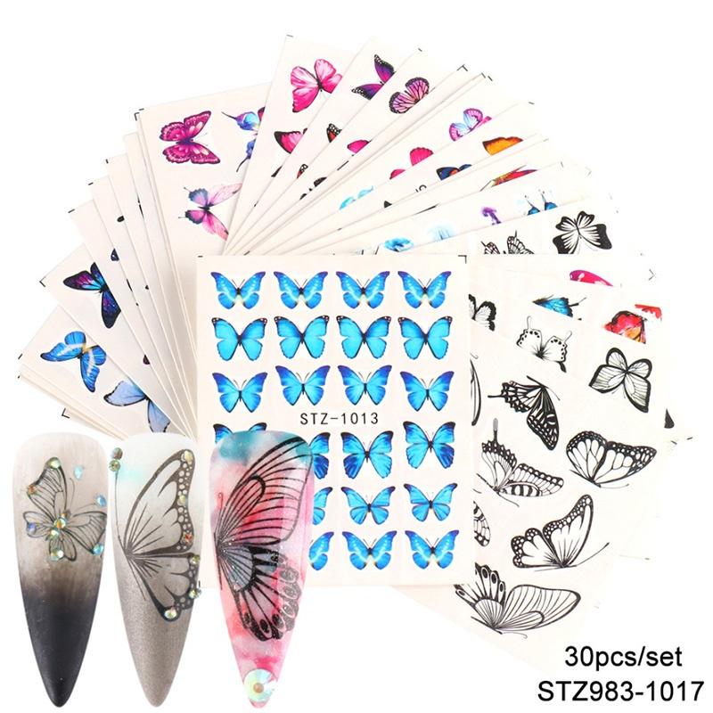 30 Stücke Schmetterling Transfer Wasser Nail art Aufkleber Slider Set Bunte Blumen Maniküre Abziehbilder Nail art Dekor