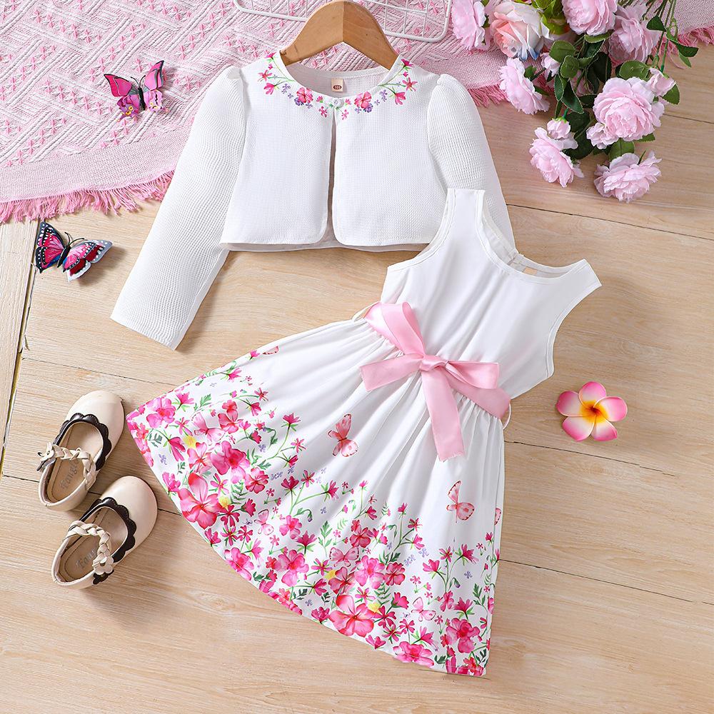 Kinderkleidung Neue Produkte für Mädchen Frühling und Sommer Blumenkleid + Strickjacke TZ1033-D 120cm weiß