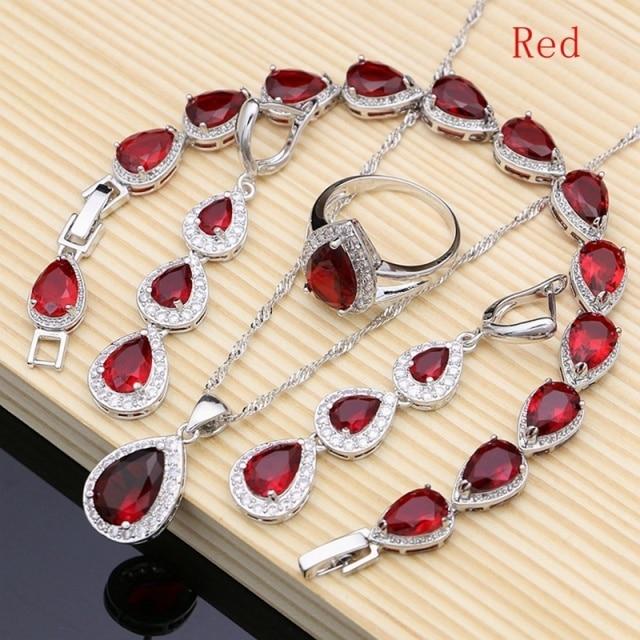 925 Sterling Silber Schmuck Weiß Cz Blau Zirkon Schmuck Sets Für Frauen Ohrringe/Anhänger/Halskette/Ringe/Armband 6 rot