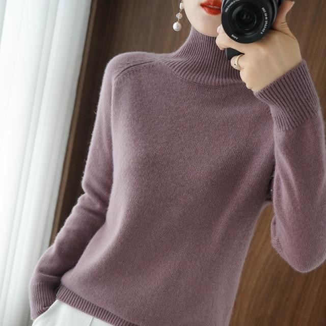 Rollkragen Kaschmir Pullover Frauen Winter Kaschmir Pullover Stricken Weibliche Lange Hülse Dicke Lose Pullover M lila