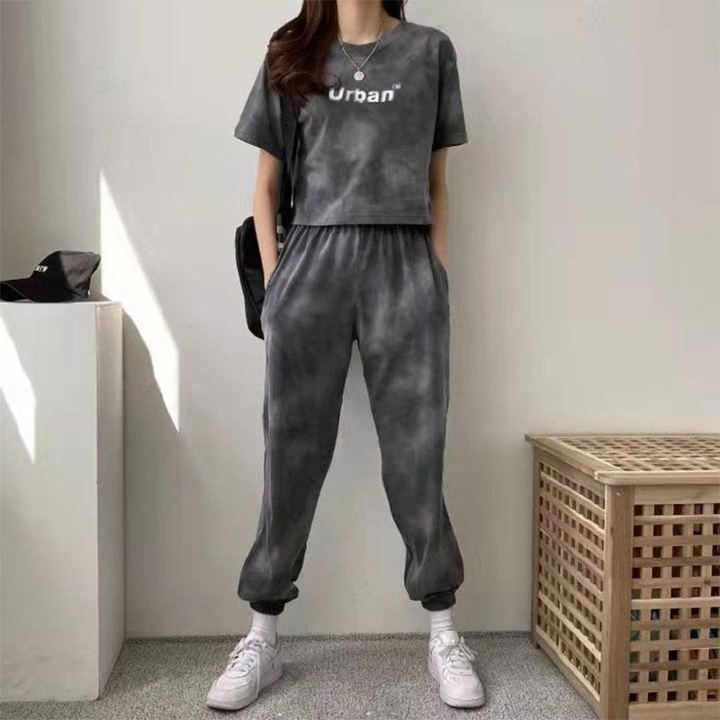 2PCS frauen Casual Anzug Sommer Koreanische Version Lose Tie-dye Sportswear Fitness Anzug Zwei-stück Kurzen ärmeln T-shirt Breite bein Hosen Anzug M grau