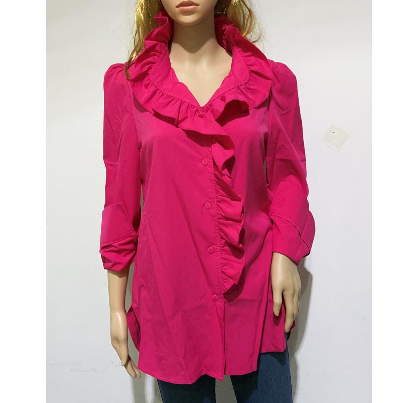 Mode Rüschen V-ausschnitt Elegantes Hemd Frau Büro Dame Tasten Weiße Bluse Frauen Sexy Shirts Puff Langarm Chic Weibliche bluse 26550 XXL rot