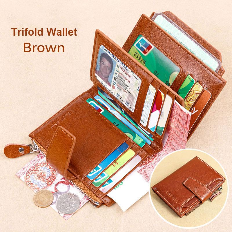 Vintage Damen-Geldbörse aus echtem Leder, RFID-blockierend, kurze Multifunktions-Geldbörse mit großer Kapazität und Reißverschluss, Geldklammer A braun