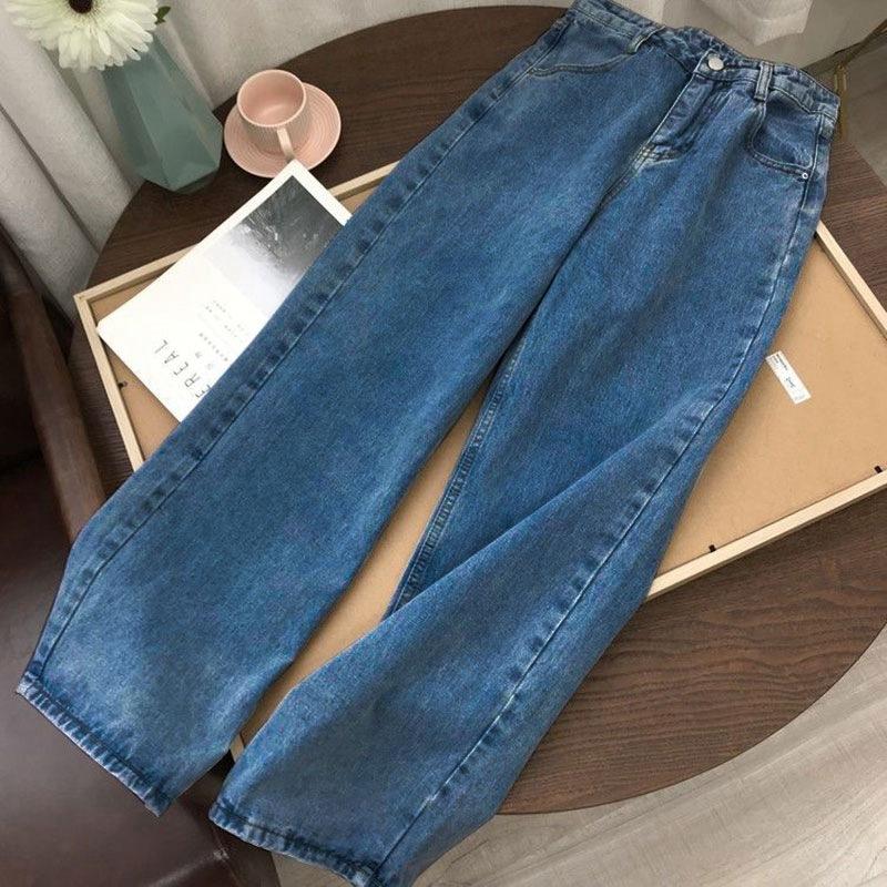 Hellblaue Denim-Hose Vintage weite Beinhose Damen koreanische gerade lange Hose hohe Taille beiläufige lose Herbst M blau