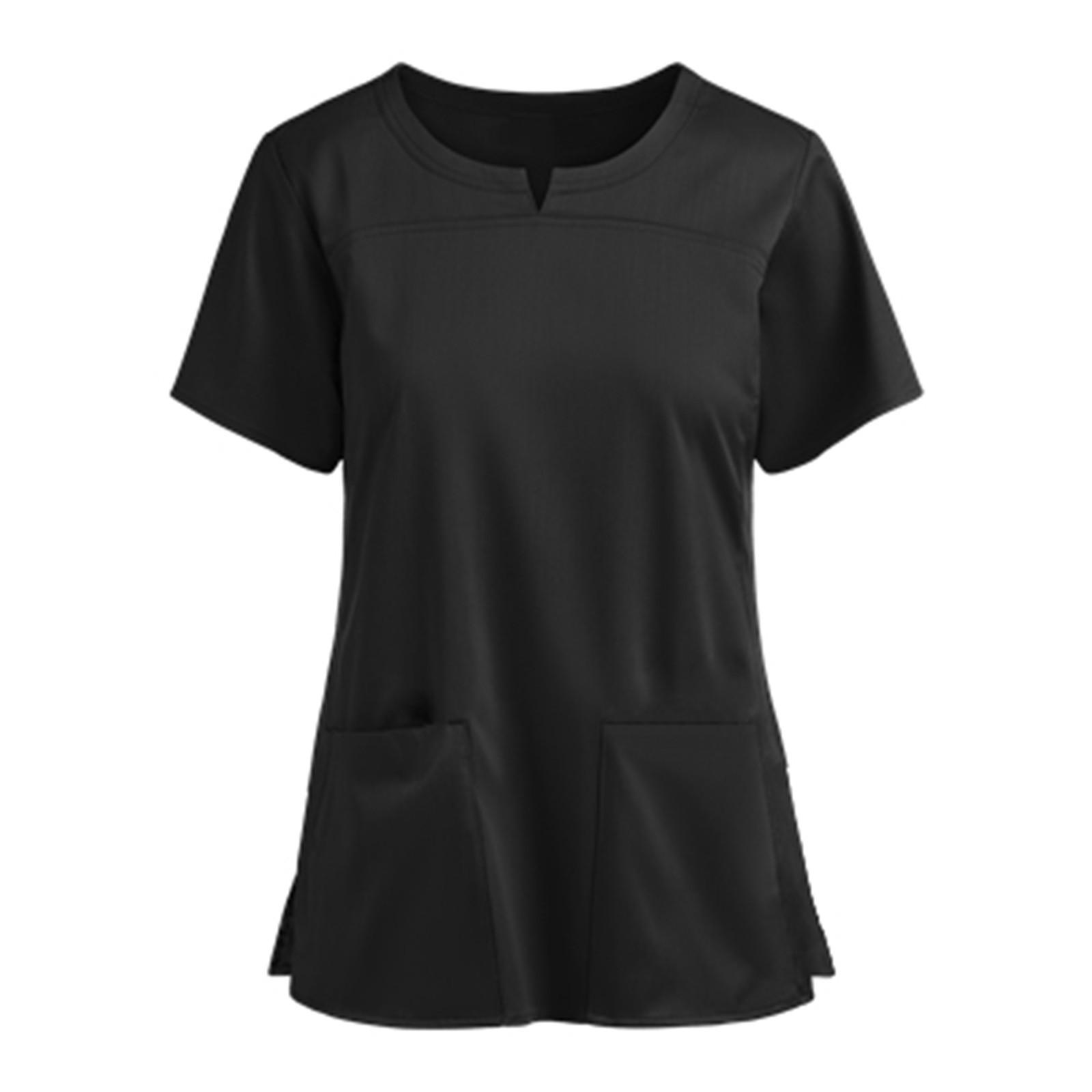 Damen Kurzarm V-Ausschnitt Tasche Krankenschwester Top Jugendliche Damen Solide Einfaches T-Shirt S schwarz