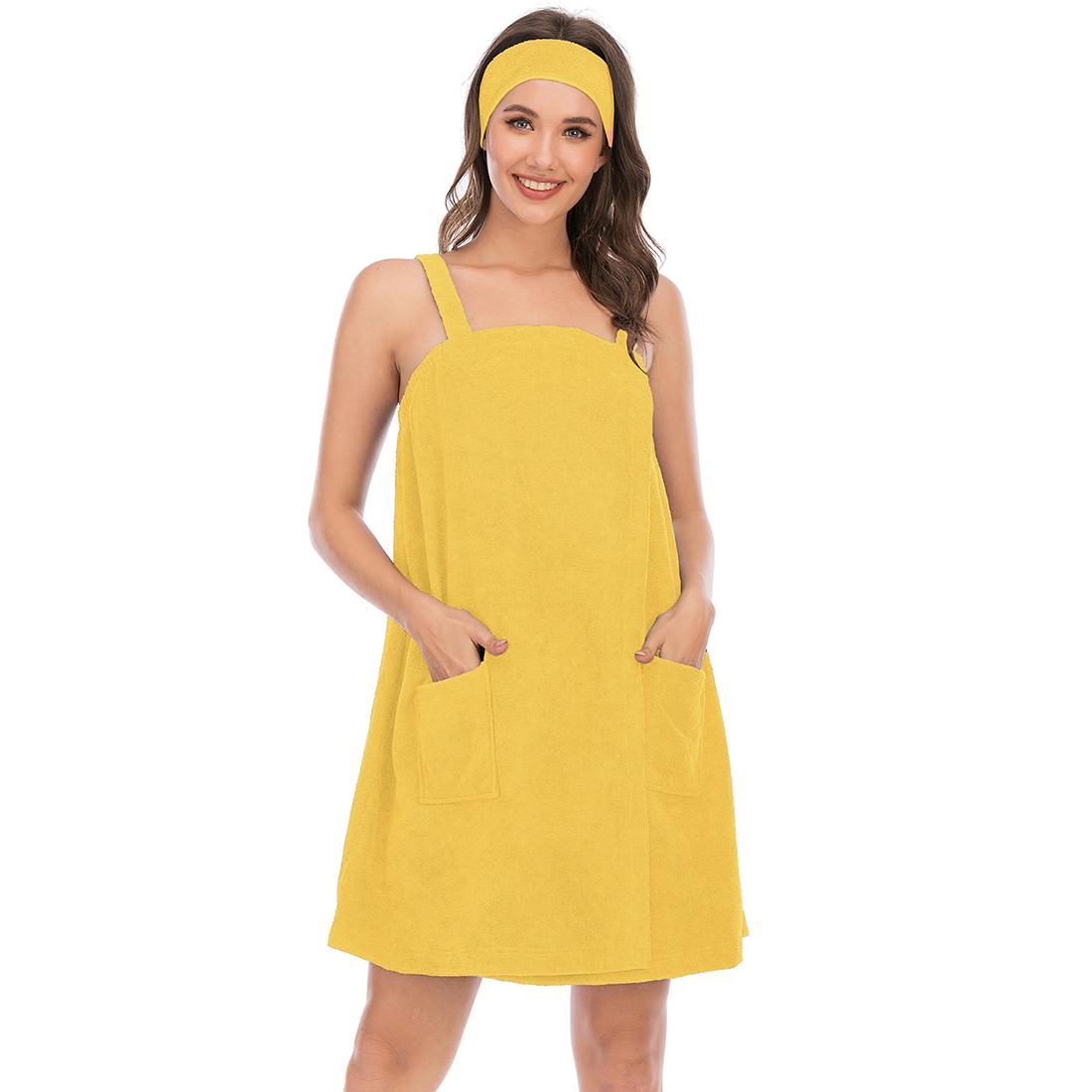 Bright Deer Damen-Bademantel aus Frottee, Spa, Badetuch, Bademantel mit Trägern, schnell trocknend, Frottee-Klettverschluss, elastischer Duschbademantel mit Stirnband, weich, für Fitnessstudio, Pool, Abdeckung XL gelb