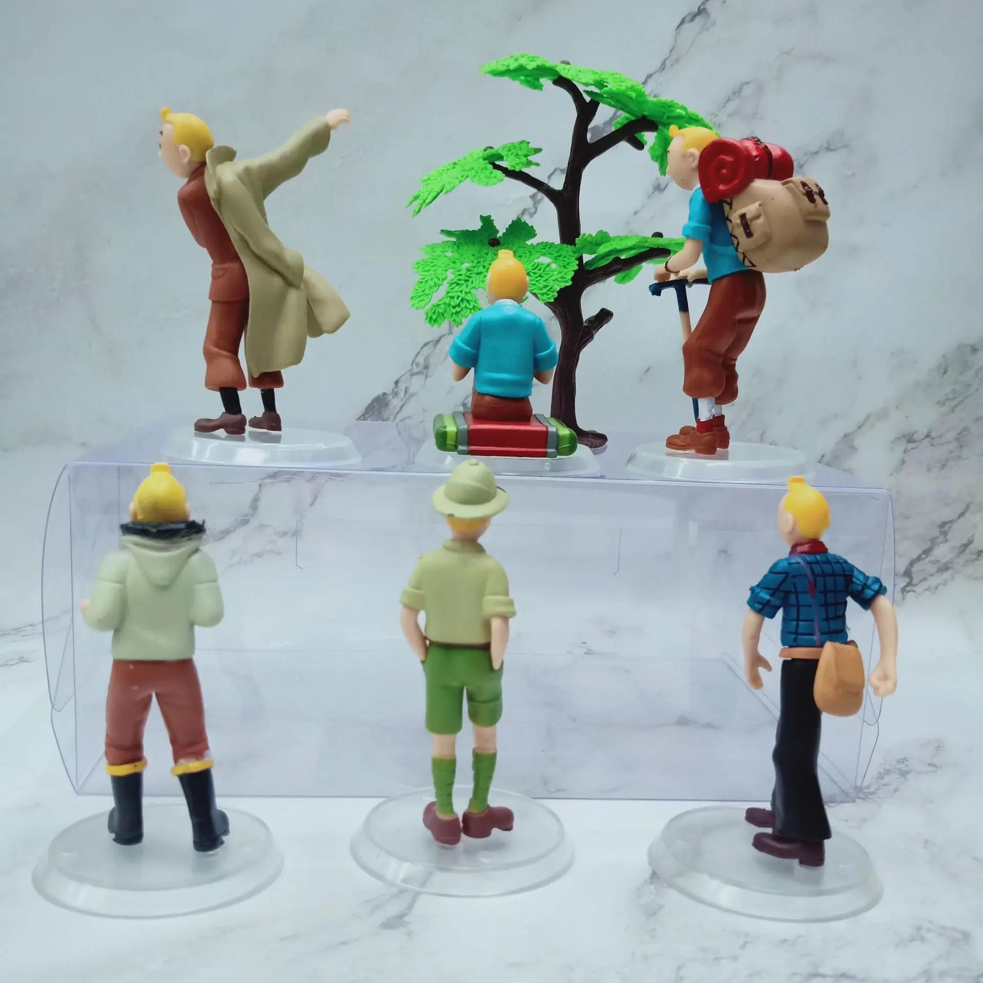 6 Stück Cartoon Anime Tim und Struppi Actionfiguren Niedliche Comic Tim Struppi Haddock Dupont PVC Spielzeug Geschenke für Kinder rot