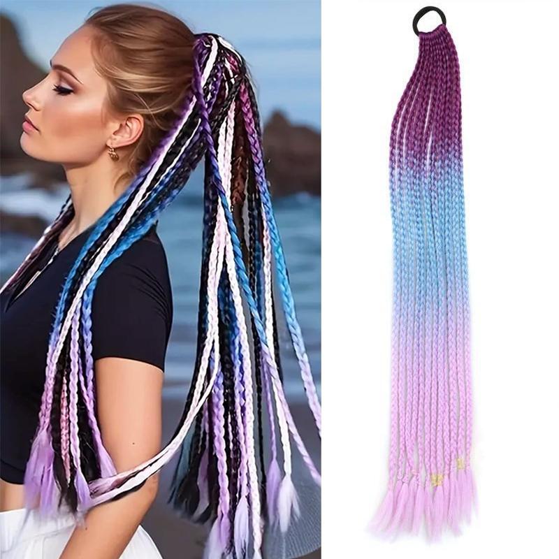 Geflochtene Pferdeschwanz Haarverlängerungen 24 Zoll Bunte Box Braids mit Gummibändern Synthetische Haarteile für Mädchen Damen Accessoires Crazy Hair Day gray