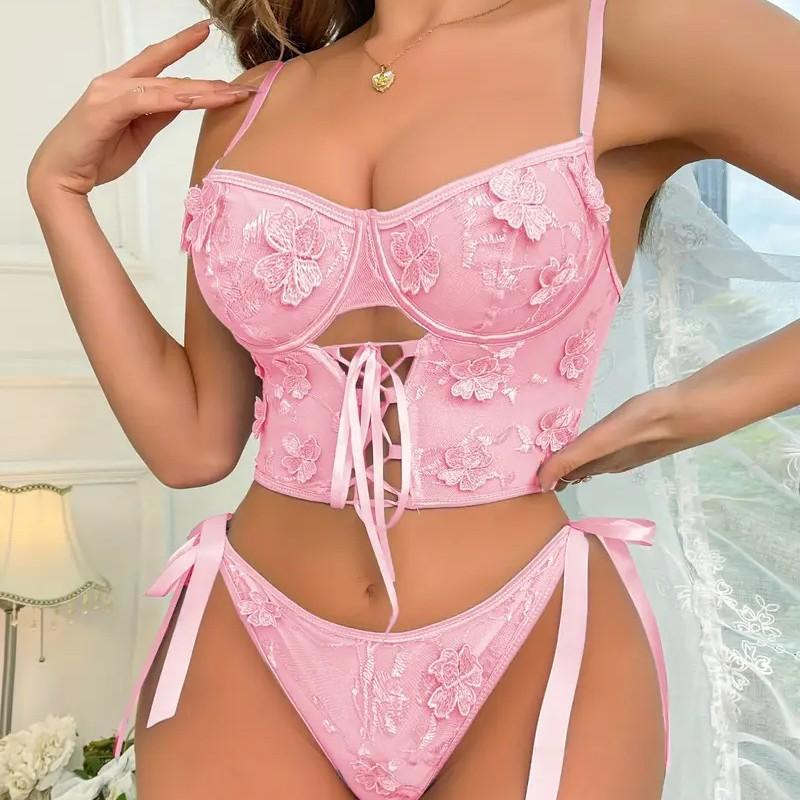 Sexy Blumenstickerei Aushöhlen BH Schnürung Tanga Blumenband Erotik Set XL rosa