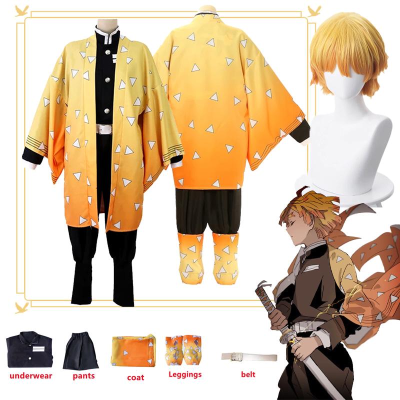 Anime Dämon Slayer Kimetsu keine Yaiba Agatsuma Zenitsu Cosplay Kostüm Frauen Kimono Uniform Halloween Weihnachten Party kleidung 110cm