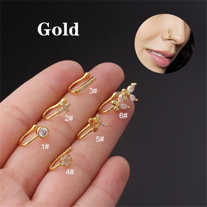 1 Stück Schmetterling, nicht durchbohrt, ohne Loch, Nasenring, Clip auf Nasenring, Fake-Piercings, Ohrstulpe, Tragus-Ohrringe, Knorpel 6 gold