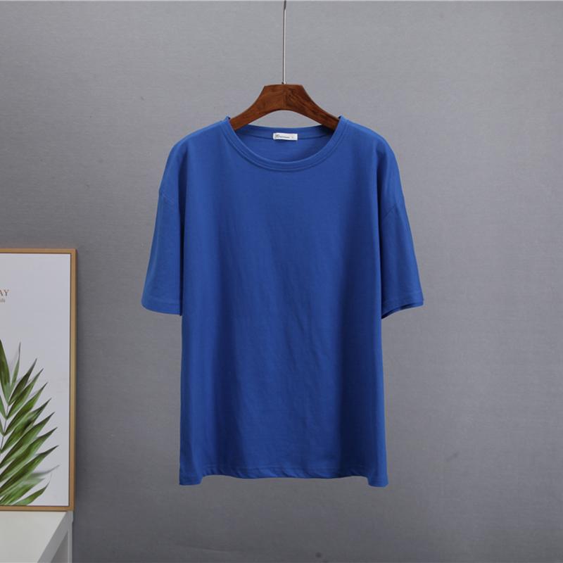 Hirsionsan Grundlegende Baumwolle T Shirt Frauen Sommer Neue Lose Solide Tees 19 Farben Casual Lose T Shirt Weibliche Übergroßen O hals Weibliche Tops XL dunkelblaue