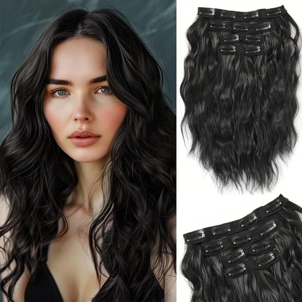 MERISIHAIR Synthetische 4-teilige Clip-In-Haarverlängerungen, kurze, gewellte braune Haarverlängerungen, unsichtbare Spitzeneinsätze, natürliche, weiche Haarteile für Frauen 35cm