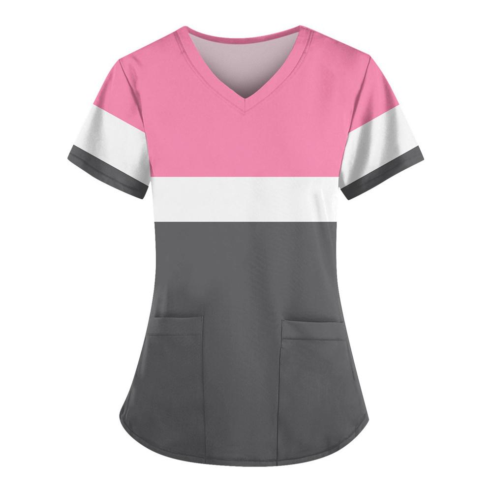 Trendige medizinische Pflege-Arbeitskleidung für Damen, Sommer-Kurzarm-V-Ausschnitt-Uniformen, niedliche lässige Scrub-Tops mit Taschen 2025 6XL