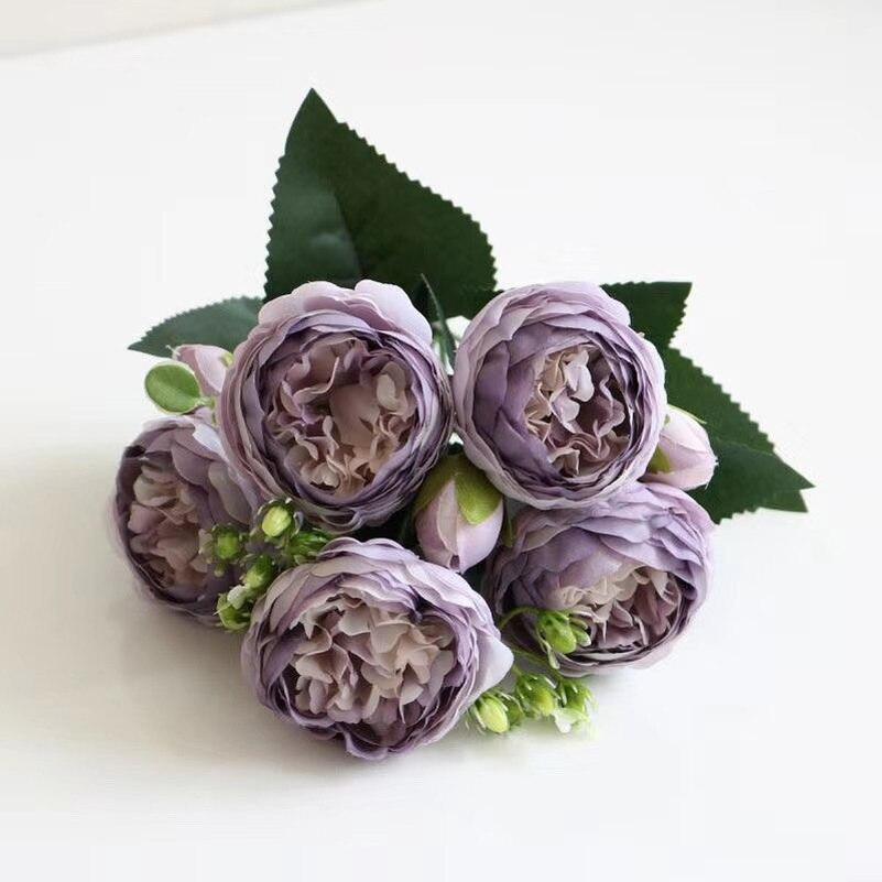 30 cm rosafarbener Seidenstrauß, Pfingstrosen, künstliche Blumen, 5 große Köpfe, 4 kleine Knospen, Braut, Hochzeit, Heimdekoration, künstliche Blumen violett