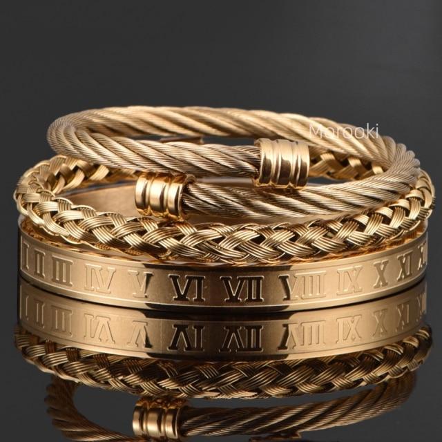 Luxus 3 teile/satz Edelstahl Armband Hip Hop Männer Schmuck Römische Zahl Charme Farbe Gold Schmuck Für Männer Pulseira Bileklik