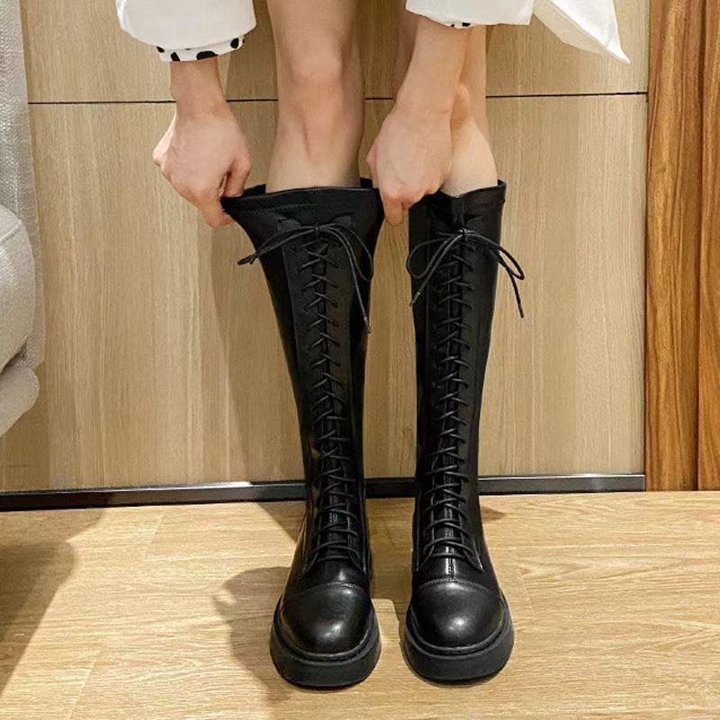 Damen Schlankmachende Kniehohe Schwarze Schnür-Reitstiefel mit Dicksohle 2025 37 schwarz