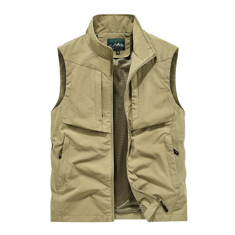 Übergröße Herren Frühling Herbst Weste Lässige Multi-Tasche Ärmellose Jacke Outdoor Stehkragen Weste Angeln Sport Weste 4XL khaki