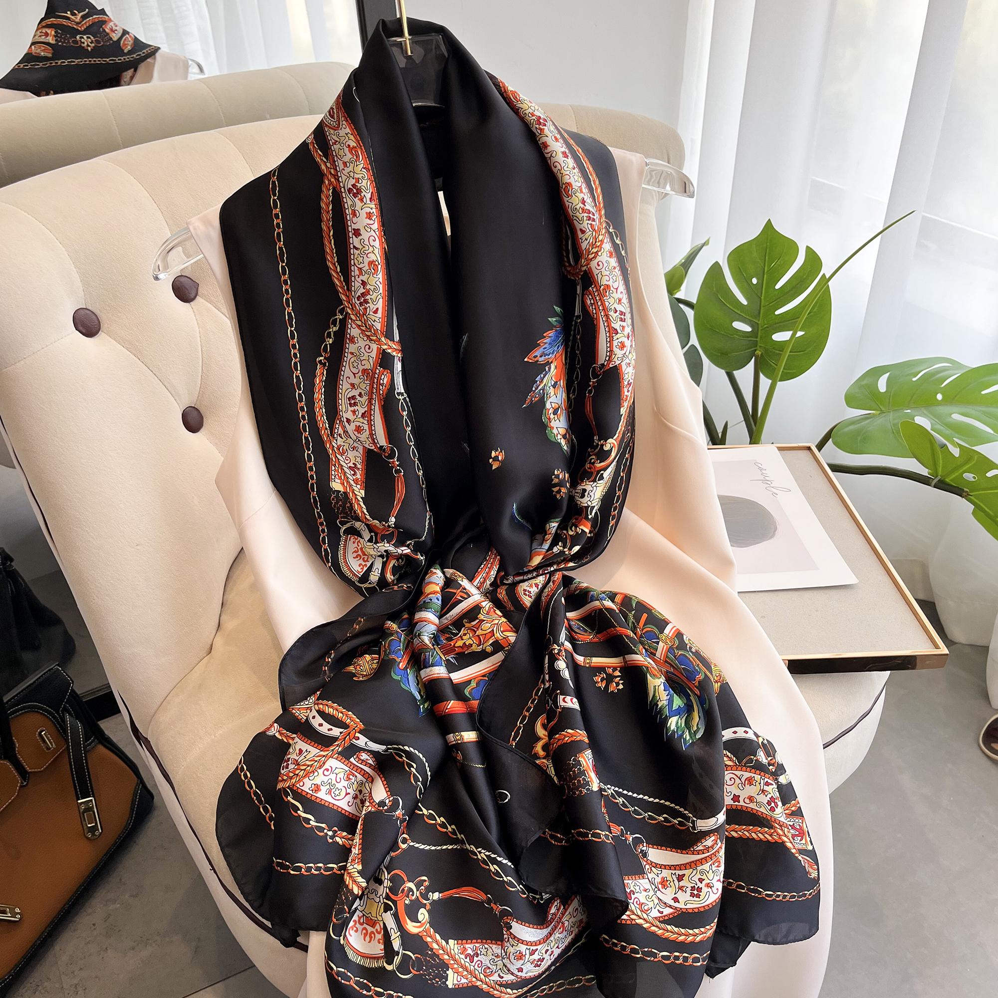 180*90cm Luxus Stil Herbst Winter Beliebt Blumenkopfbedeckung Damen Mode Seiden Druck Schal Damen Strand Schal Foulard