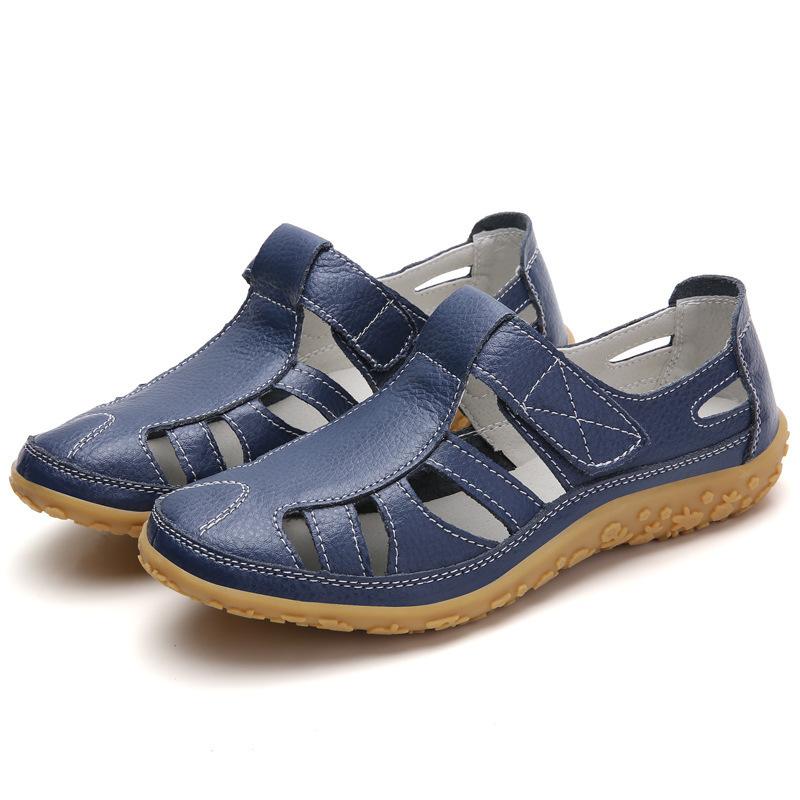 Damen Ledersandalen Lässige Sommer Sandalen mit geschlossenem Zeh Strand Sandalen Flache Bequeme Sneaker 43 dunkelblau