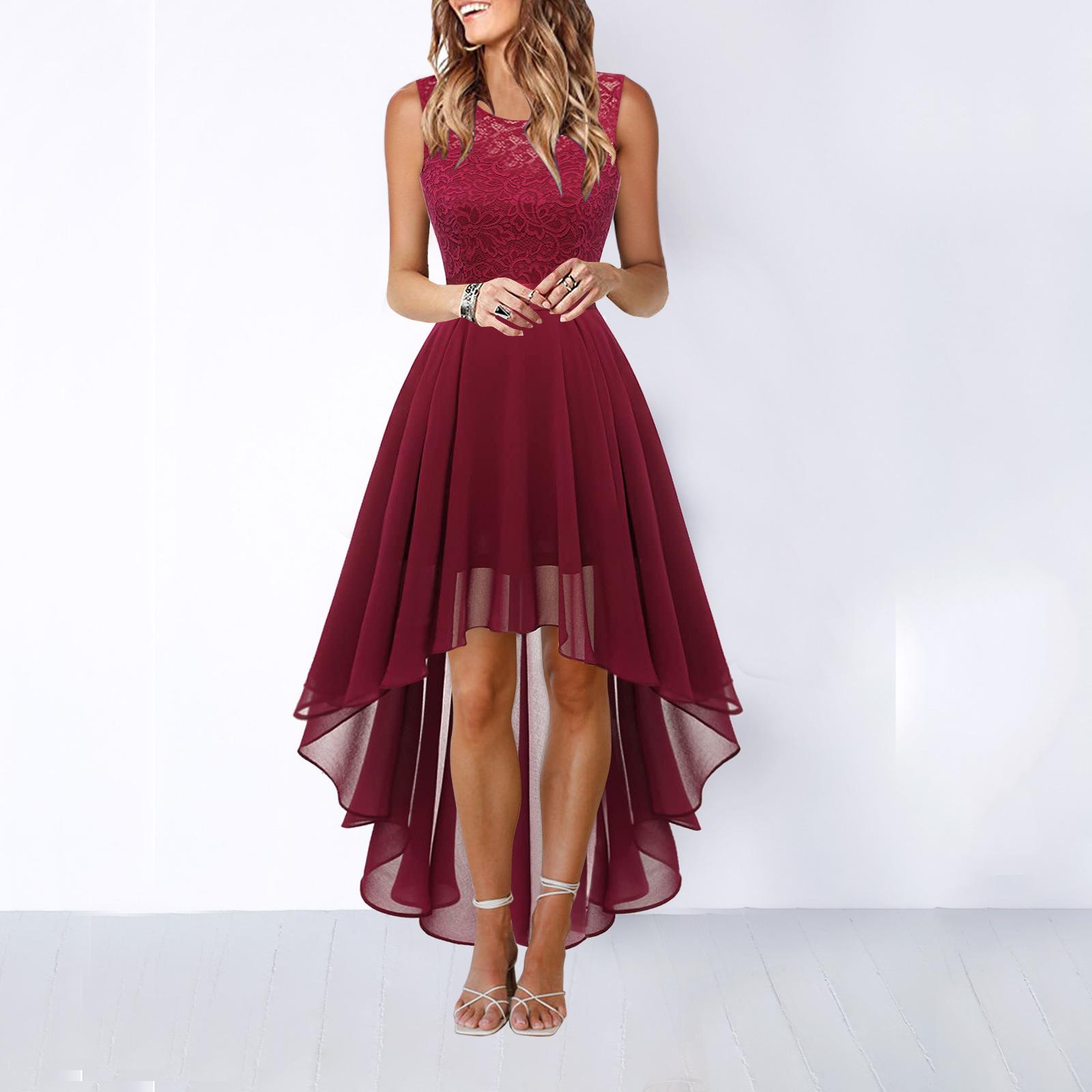 Frauen Spitze Ärmelloses Chiffon Rundhals Einfarbig Große Schaukel Unregelmäßige Lange Kleid Hochzeit Elegante Party Abendkleid 2XL wein rot