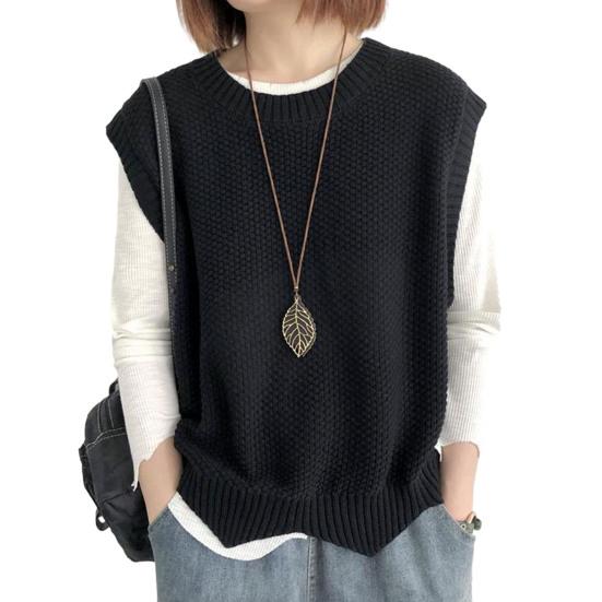 Frauen Gestrickte Weste O Hals Saum Warme Einfarbig Wellenförmige Weiche Lose Beiläufige Damen Weste Ärmelloses Top schwarz