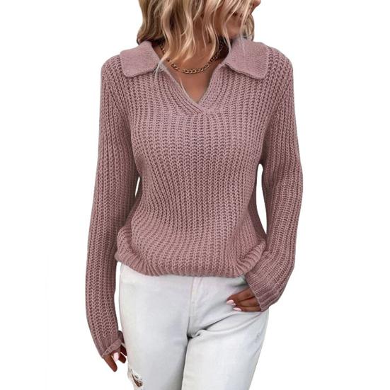 V-ausschnitt Drehen-unten Kragen Langarm Gestrickte Pullover Herbst Winter Einfarbig Dünne Pullover Jumper Weibliche Kleidung L rosa